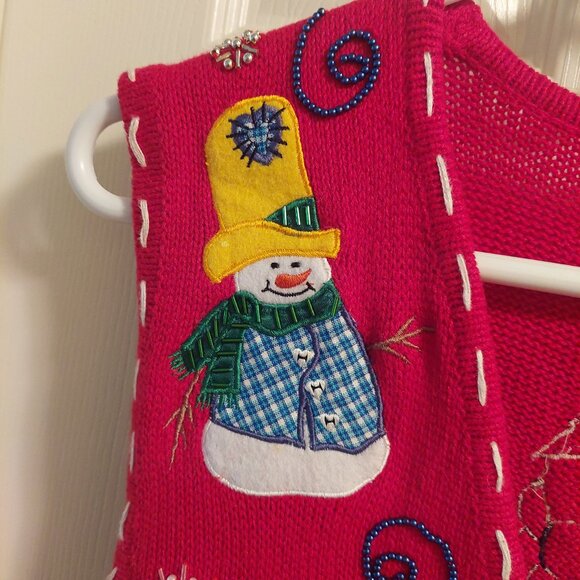Vintage Bobbie Brooks Ugly Christmas Sweater Vest Red Beaded Snowman Sz Medium - Picture 2 of 7